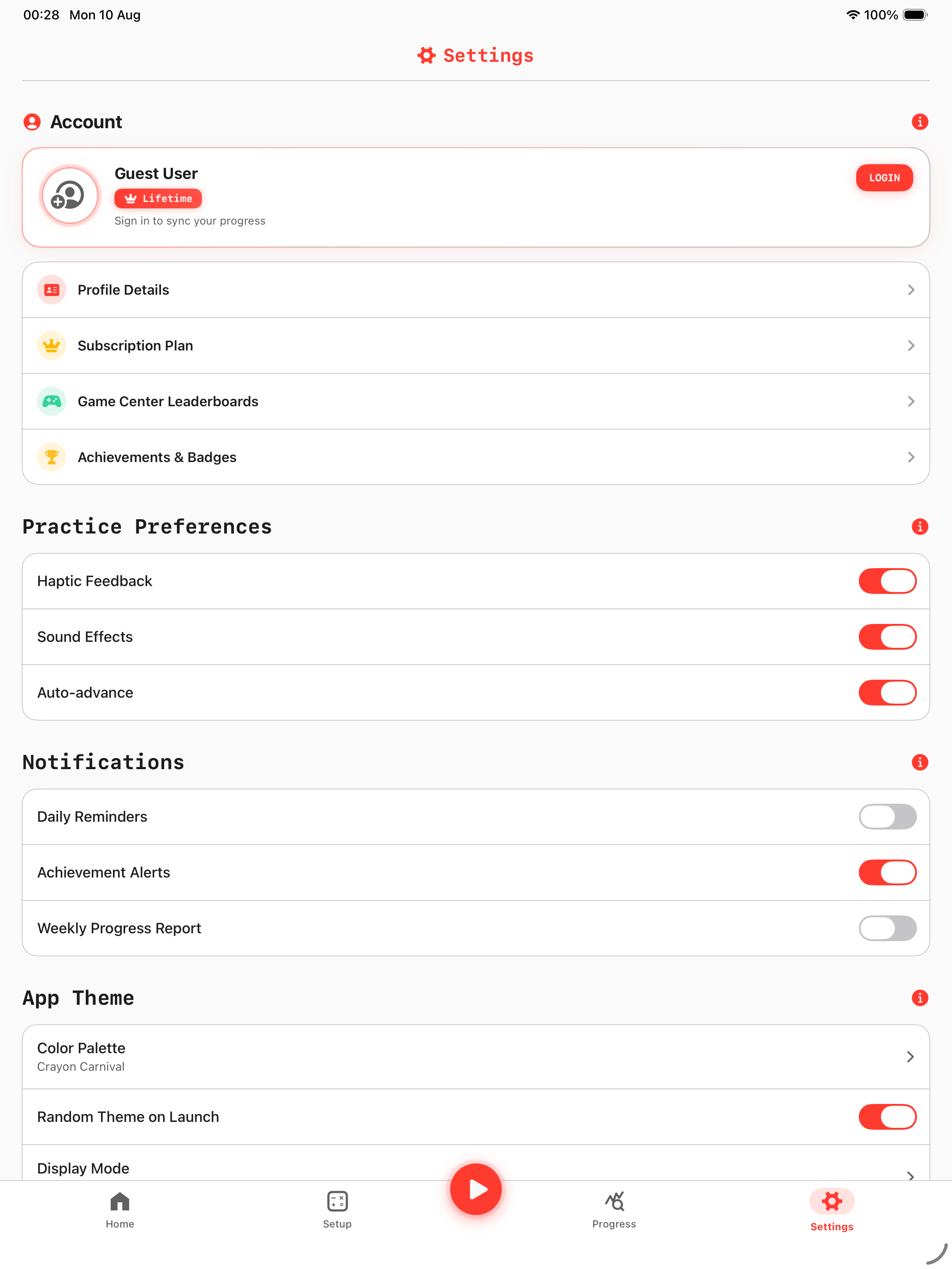 Math Speed iPad Pro Dashboard Settings