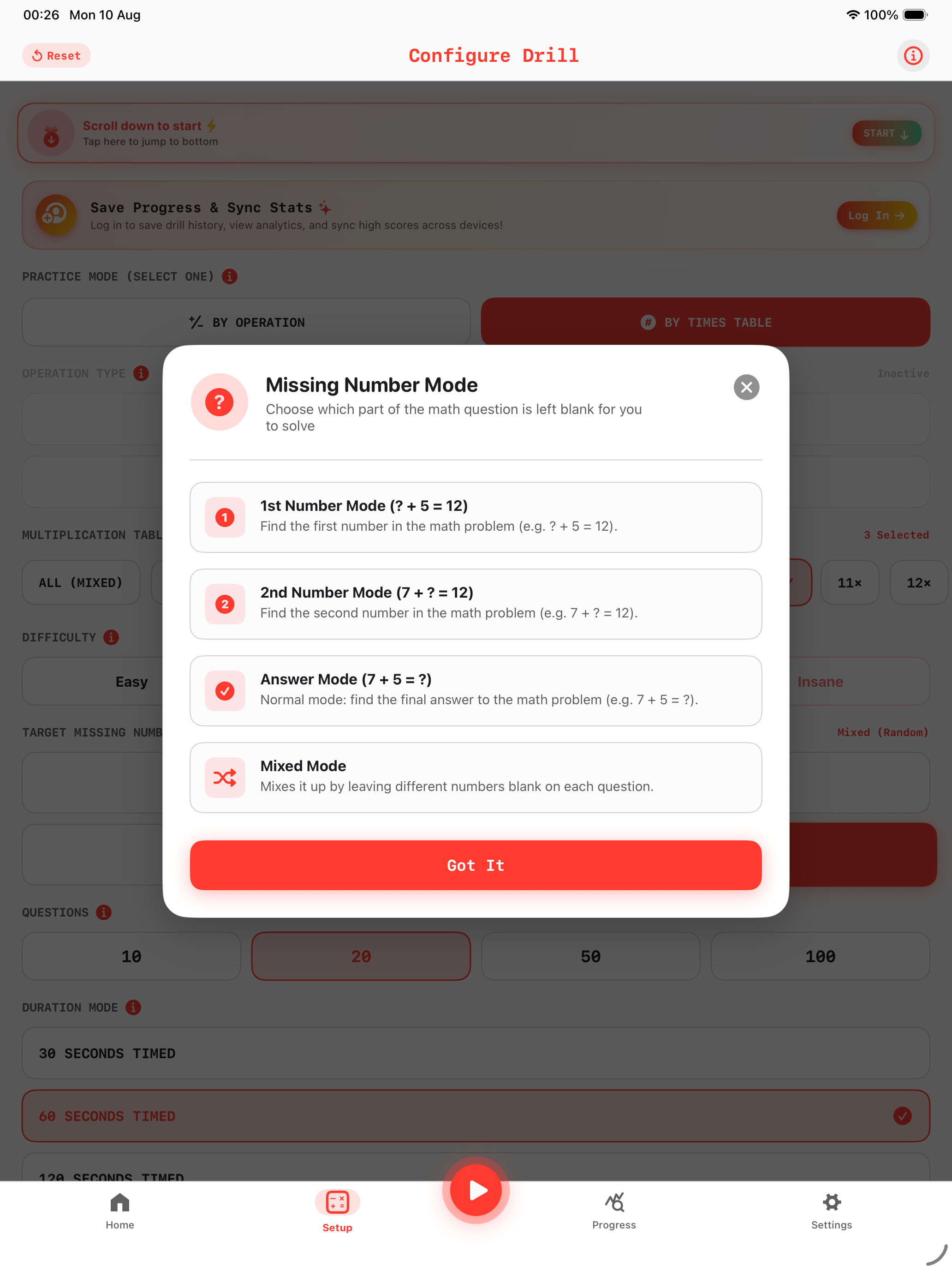 Math Speed iPad Pro Difficulty Settings