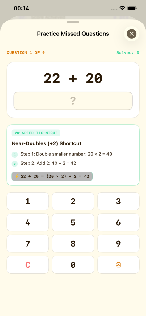 Math Speed iPhone Practice Missed Questions Screen