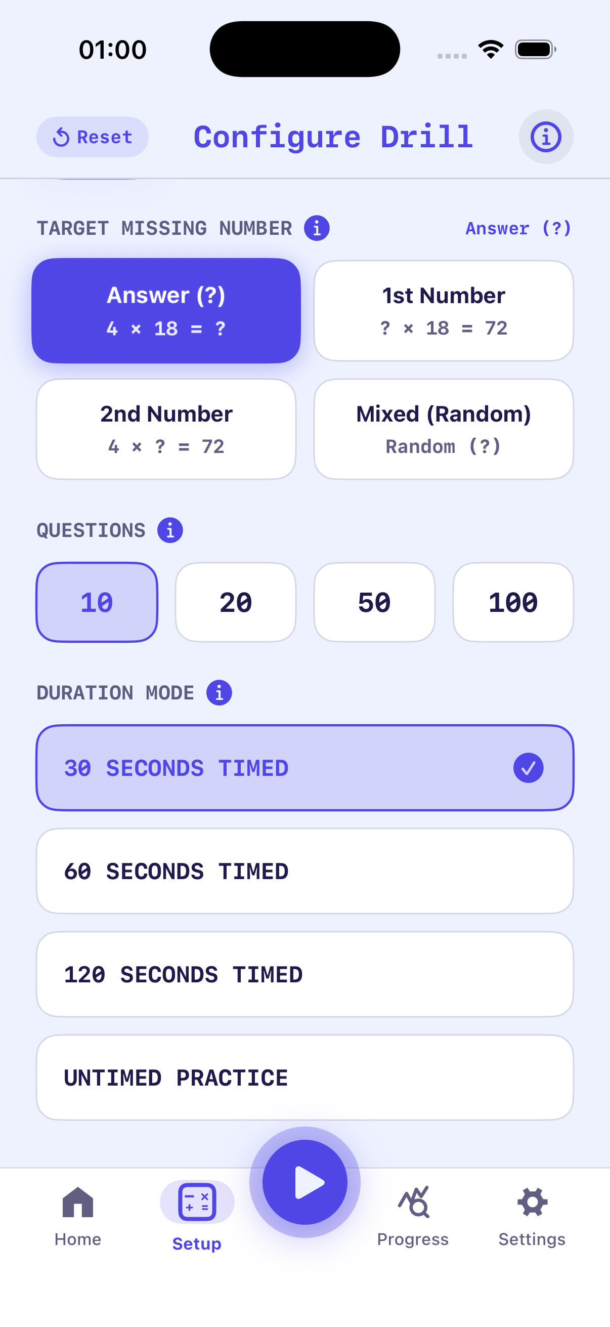 Math Speed iPhone Multiple Choice Options